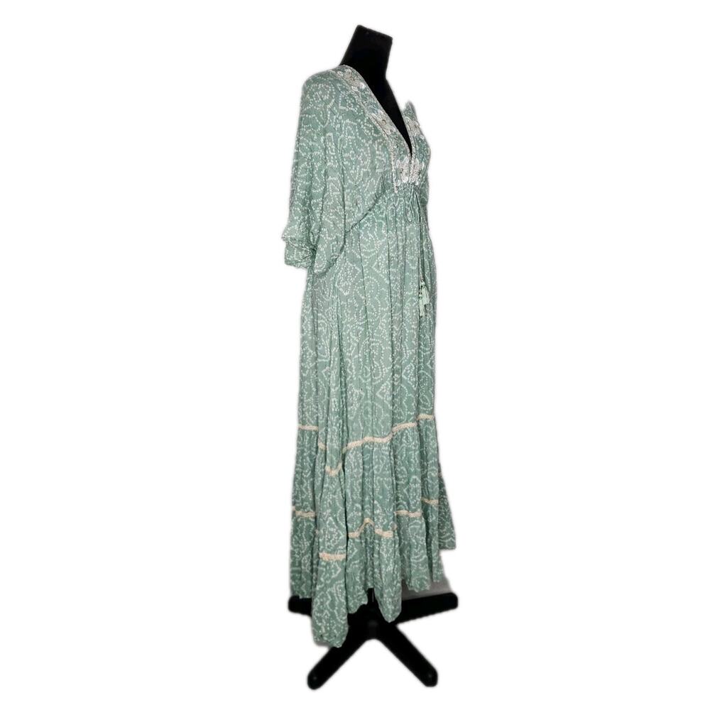Zury Boho Maxi Dress Sage Green Gold Sequin Embroidered Tassel Tiered OS - Picture 2 of 8